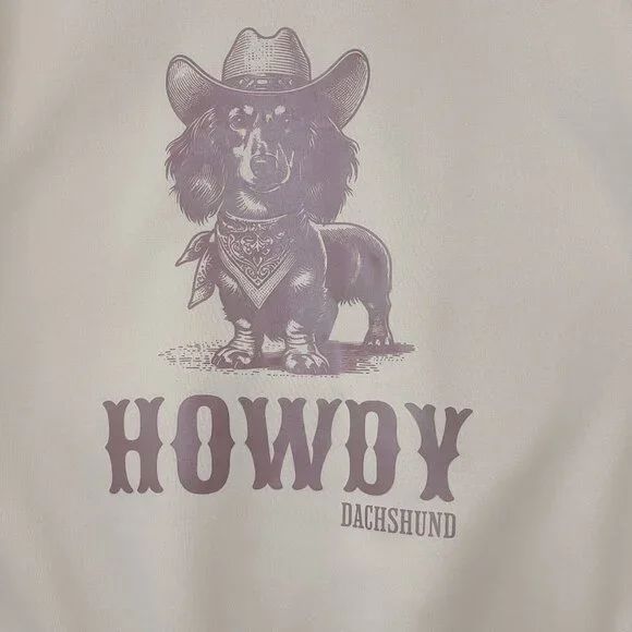 Shein Howdy Dachshund Crewneck Sweatshirt XL Beige Puppy Dog Cowboy - Picture 2 of 10